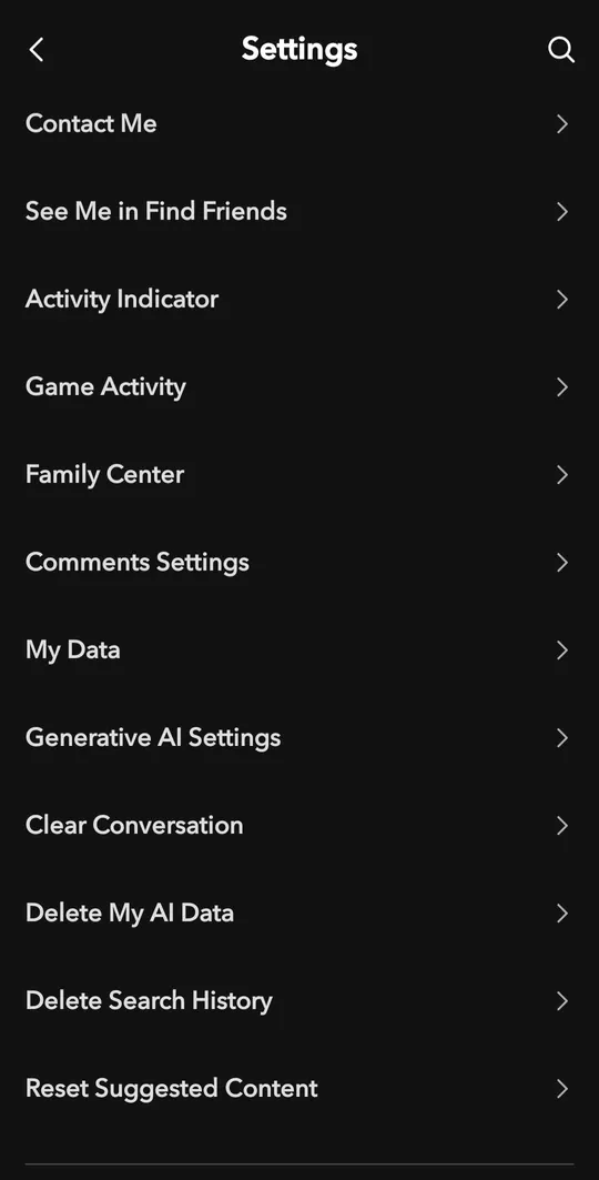 Snapchat Settings, a list of options with My Data highlighted.
