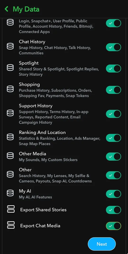 The My Data screen with every switch turned on and the Next button highlighted.