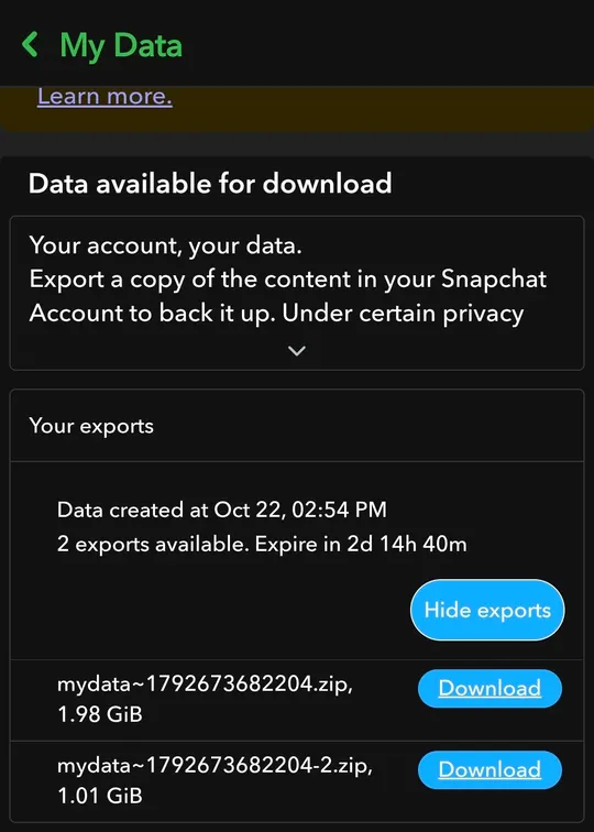 Your exports, two zip files, each with a Download button, both highlighted.